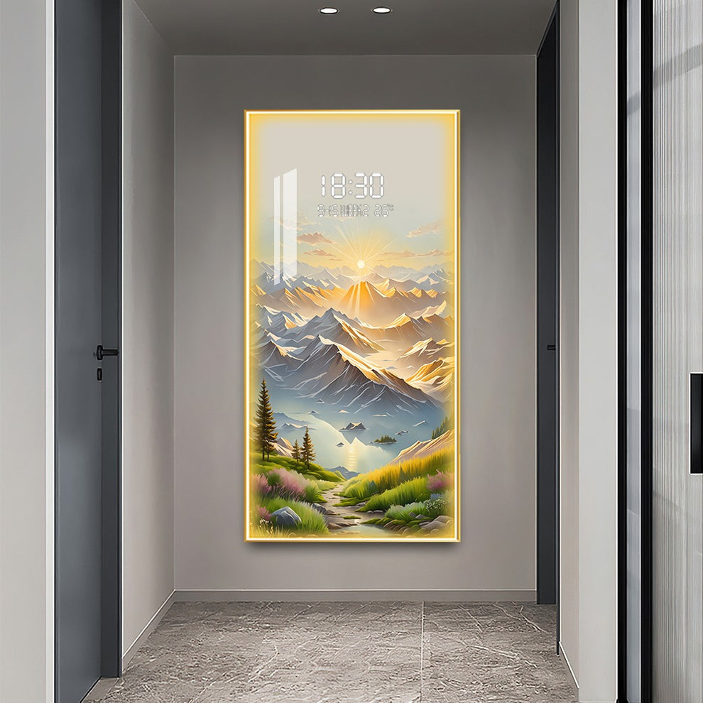 Mountain Range Crystal Painting With Digital Clock And Led