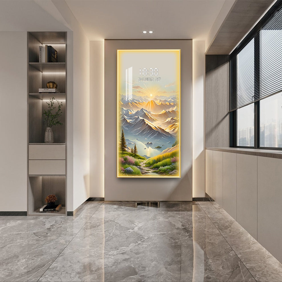 Mountain Range Crystal Painting With Digital Clock And Led