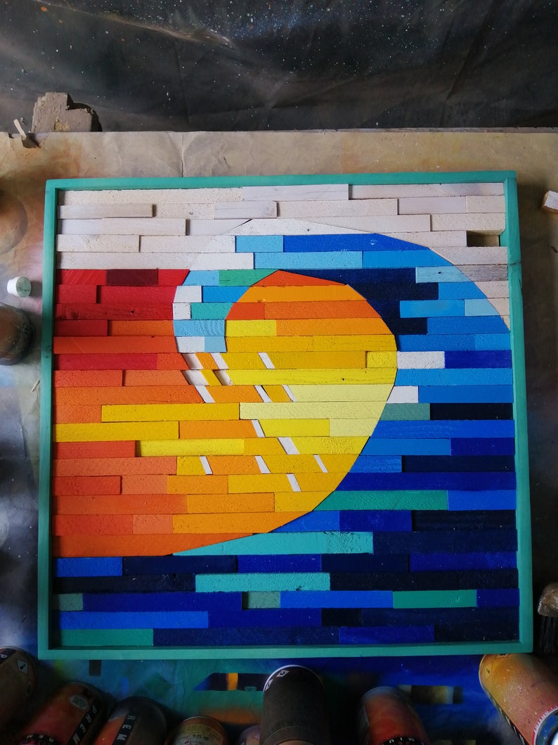 Wave At Sunset Plank Wood Mosaic Wall Decor