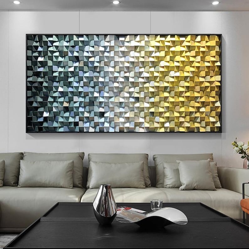 Blue and Yellow Ombre Art Geometric Wood Mosaic Wall Decor