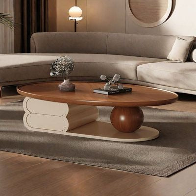 Modern Oval Wooden Coffee Table with Artistic Pedestal Base