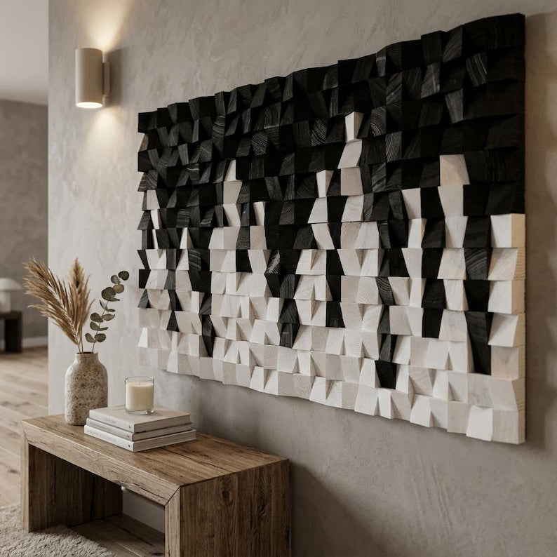 Black and White Wood Mosaic Wall Decor