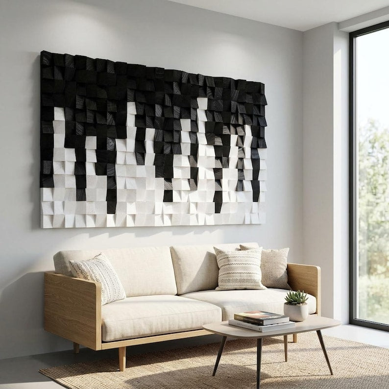 Black and White Wood Mosaic Wall Decor