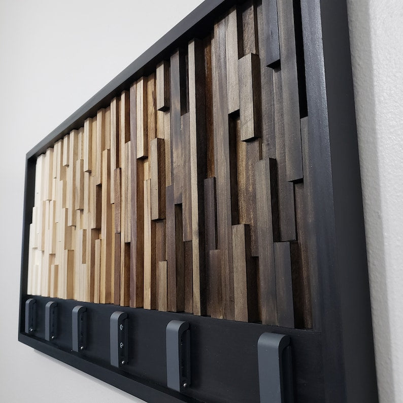 Timber Gradient With Hook Rack Plank Wood Mosaic Wall Decor
