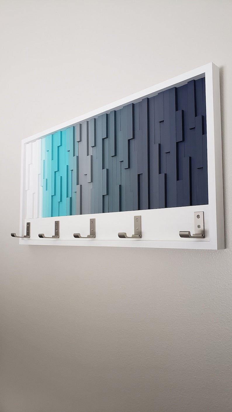 Aqua Gradient Wall Hook Rack Plank Wood Mosaic Wall Decor