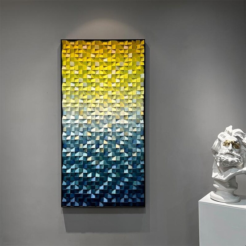 Blue and Yellow Ombre Art Geometric Wood Mosaic Wall Decor