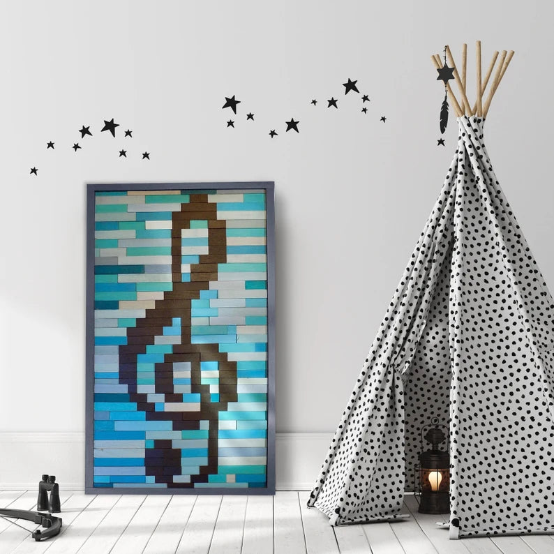 Teal and Turquoise Music Note Plank Wood Mosaic Wall Decor
