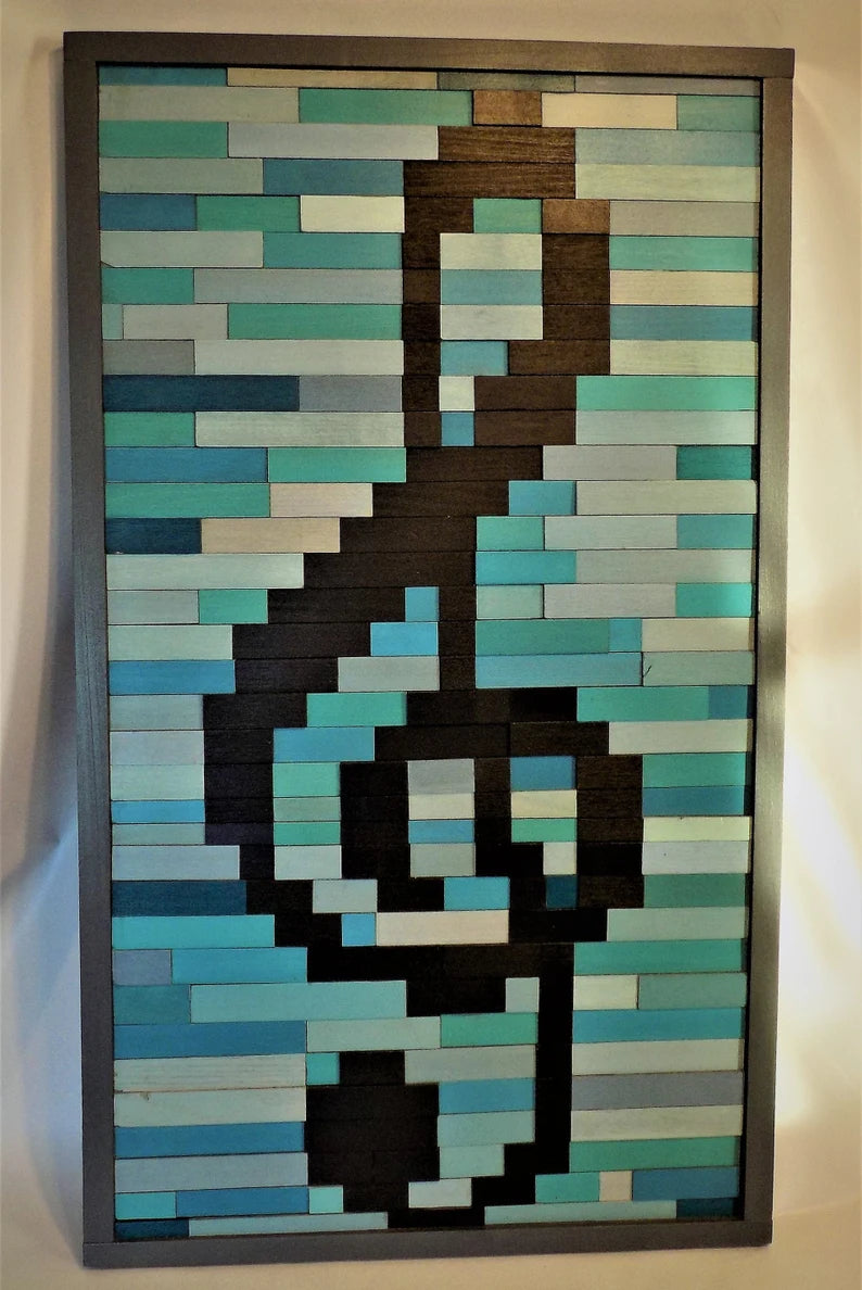 Teal and Turquoise Music Note Plank Wood Mosaic Wall Decor