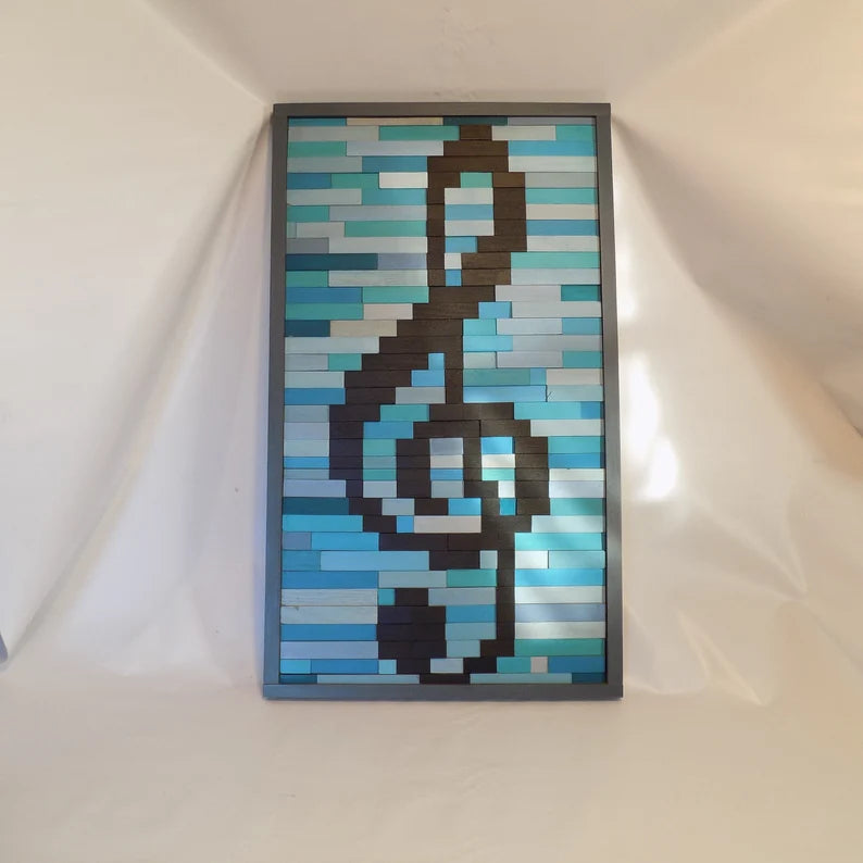 Teal and Turquoise Music Note Plank Wood Mosaic Wall Decor