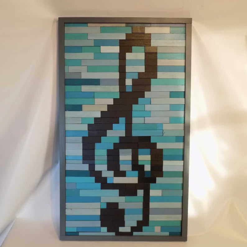 Teal and Turquoise Music Note Plank Wood Mosaic Wall Decor
