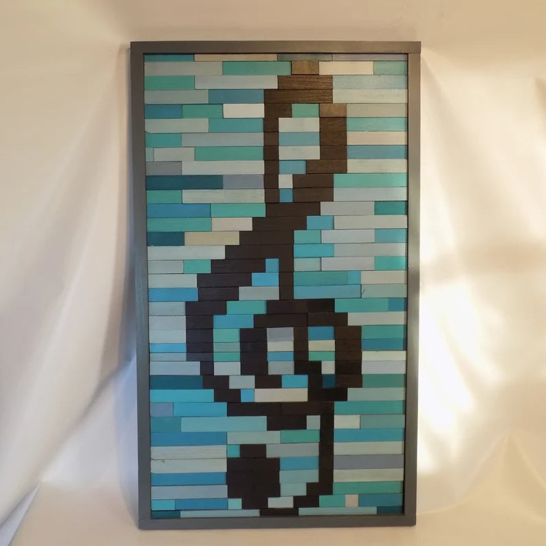 Teal and Turquoise Music Note Plank Wood Mosaic Wall Decor