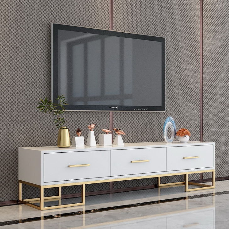 Elegant White TV stand Stone Top Minimalist Media Console With 3 Drawers