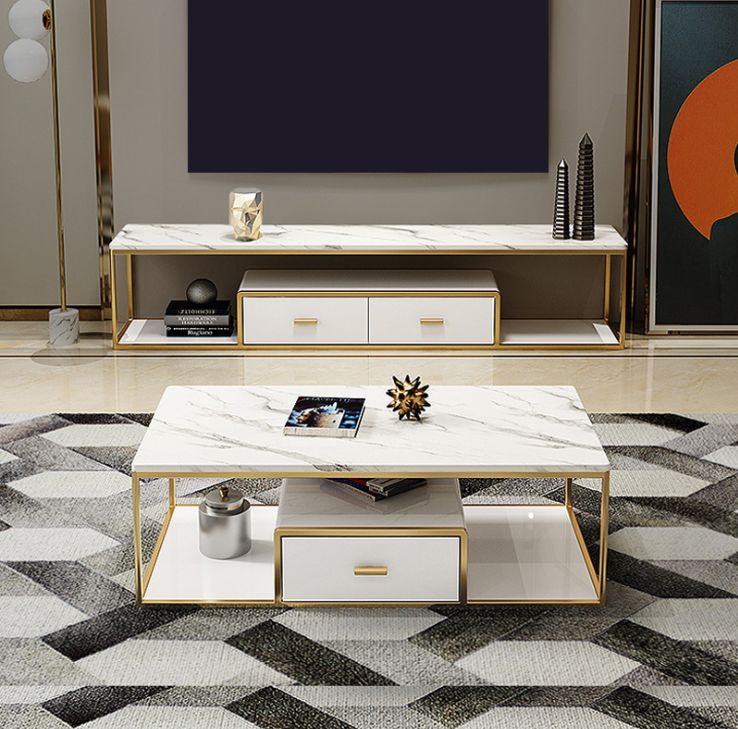Elegant Modern White TV Stand Rectangle Media Console With 2 Drawer