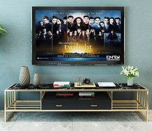 Modern Black TV stand Stone Top Minimalist Media Console With 2 Drawers