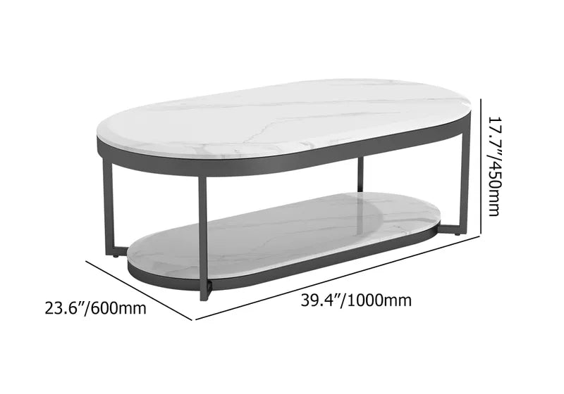 2-Tiered Modern Marble Coffee Table Black & White with Shelf Metal Frame