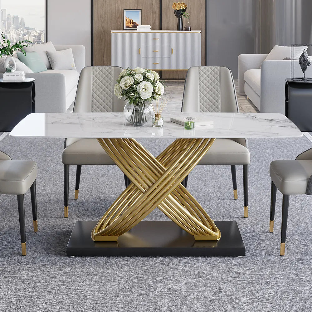 White Faux Marble Dining Table Rectangular Modern Minimalist