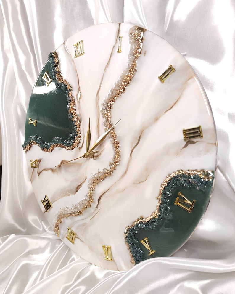 Modern Abstract Black White And Gold Epoxy Resin Wall Clock