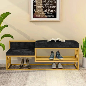 Black Shoe Storage Bench Entryway Bench Velvet Upholstered With Metal Frame