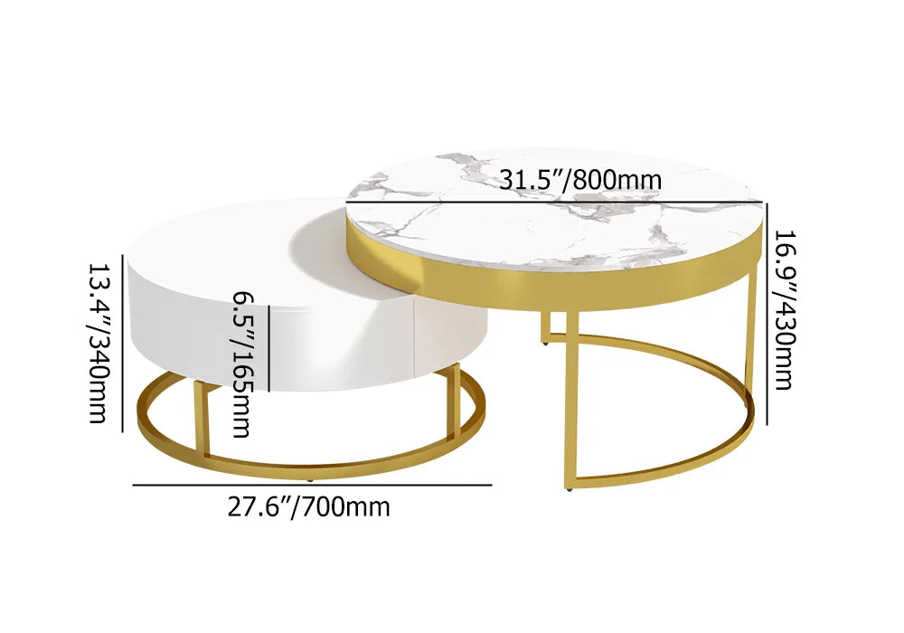 Modern Round Sintered Stone Nesting Wood Coffee Table with Drawers in White