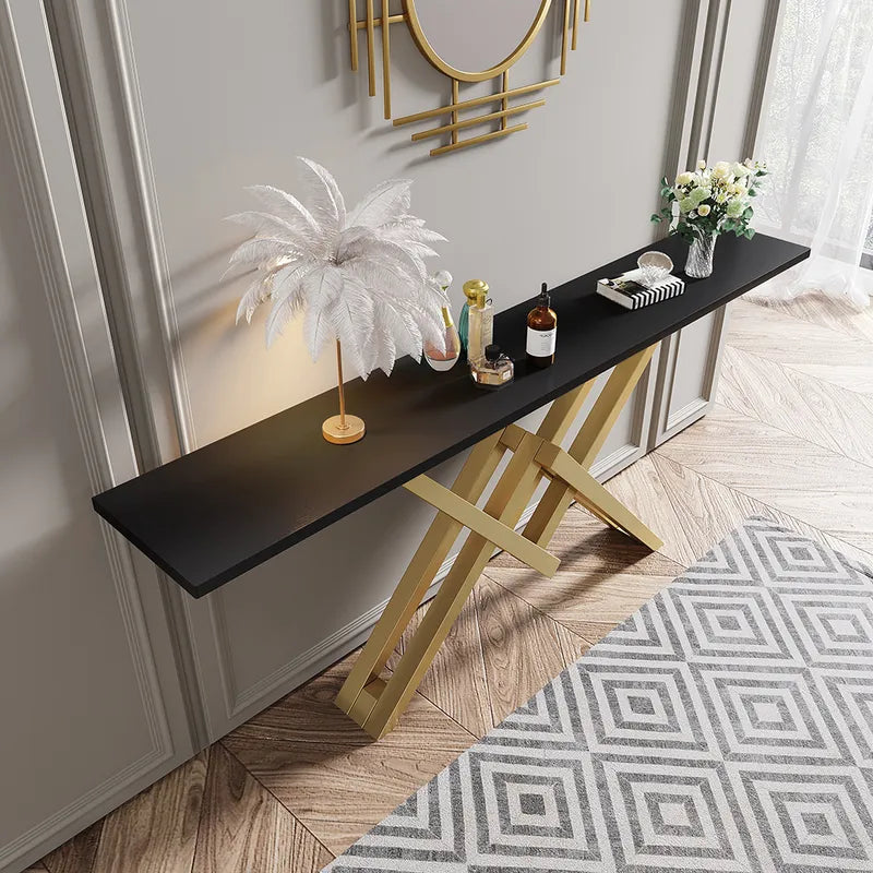 Black & Gold Narrow Console Table Accent Table For Entryway X Base & Metal