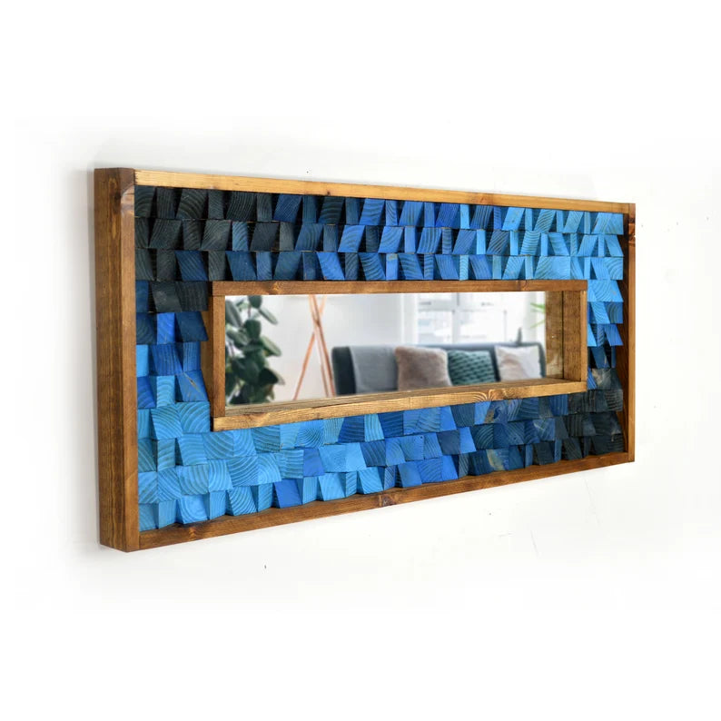 Bright Blue Gradient Reclaimed Wood Mirror Mosaic Wall Decor