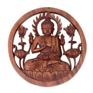 Hand Carved Teak Wood Buddha with Brown Finish