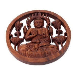 Hand Carved Teak Wood Buddha with Brown Finish