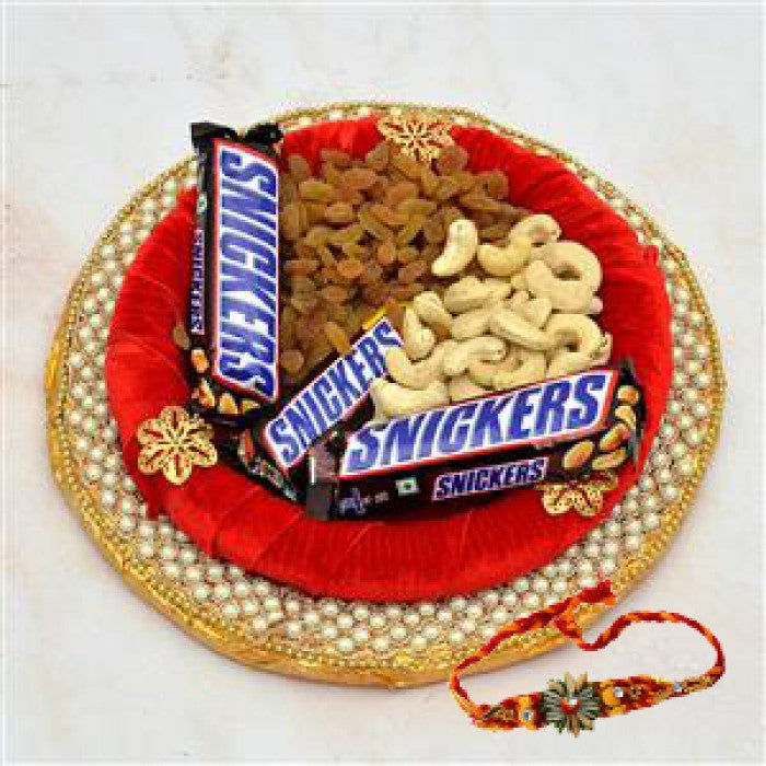 Snickres And Dry Fruit Thali with Rakhi