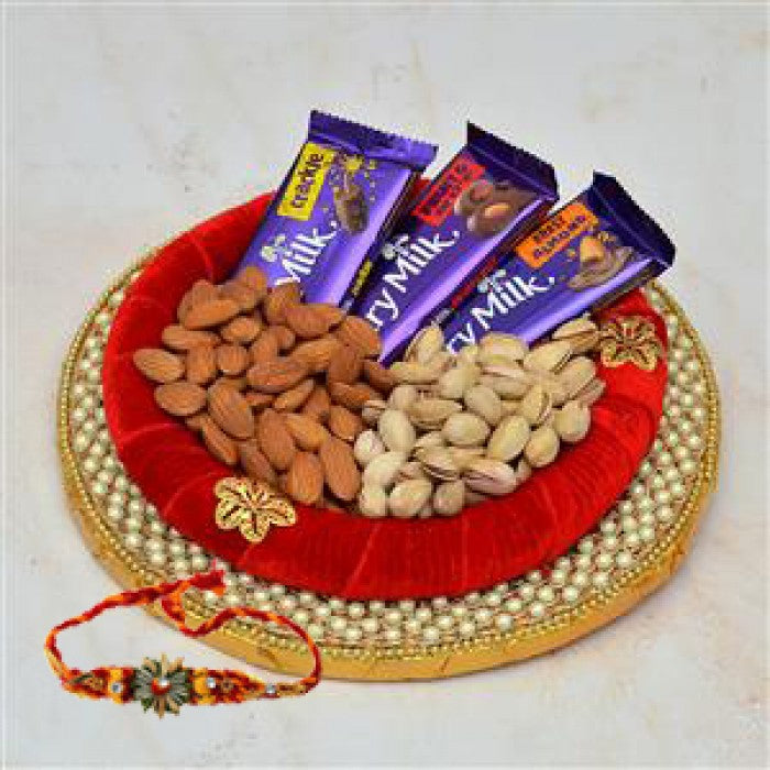 Attractive Chocolate And Dry Fruit Thali with Rakhi