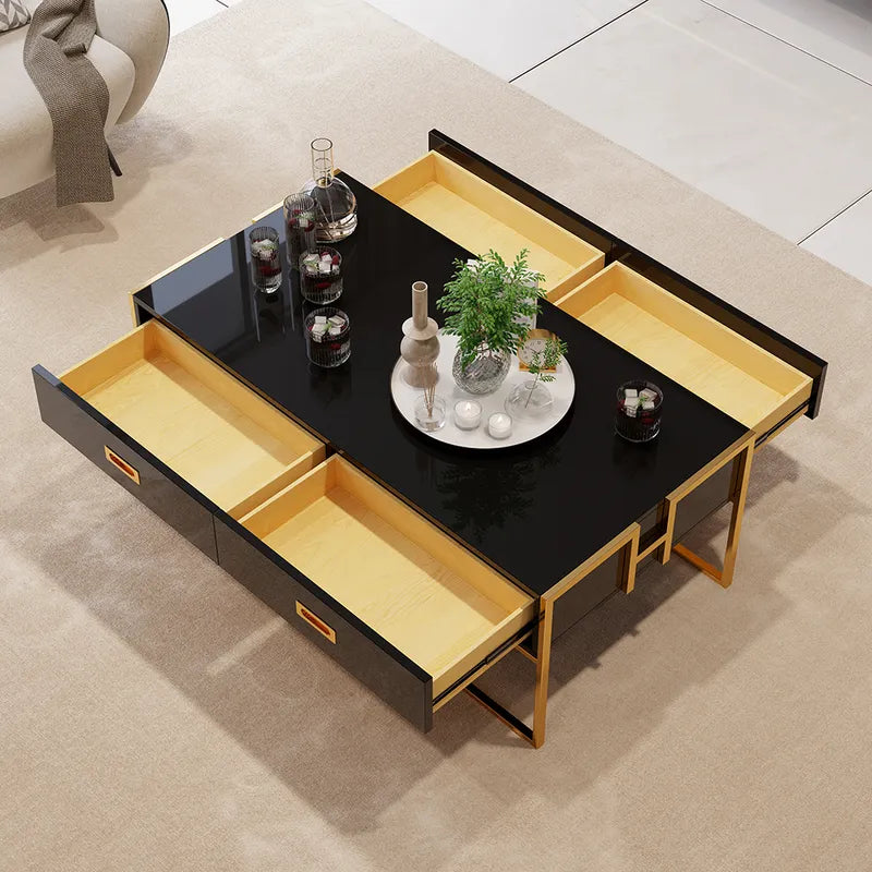 Contemporary Black Rectangular Coffee Table with Drawers Lacquer Gold Base