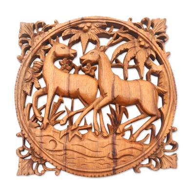 Hand Carved Teak Wood Deer Romance