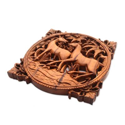 Hand Carved Teak Wood Deer Romance
