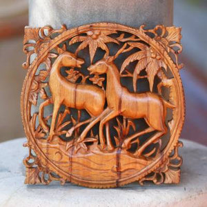 Hand Carved Teak Wood Deer Romance