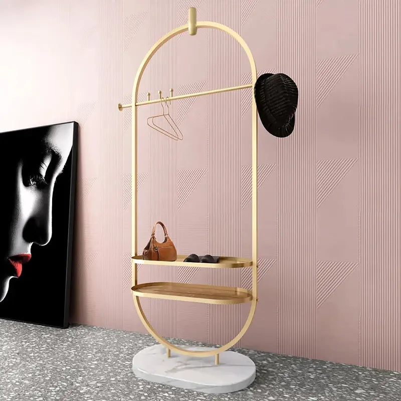 Gold Clothing Rack Oval Garment Rack with 2-Tier Shelves & Faux Marble Base