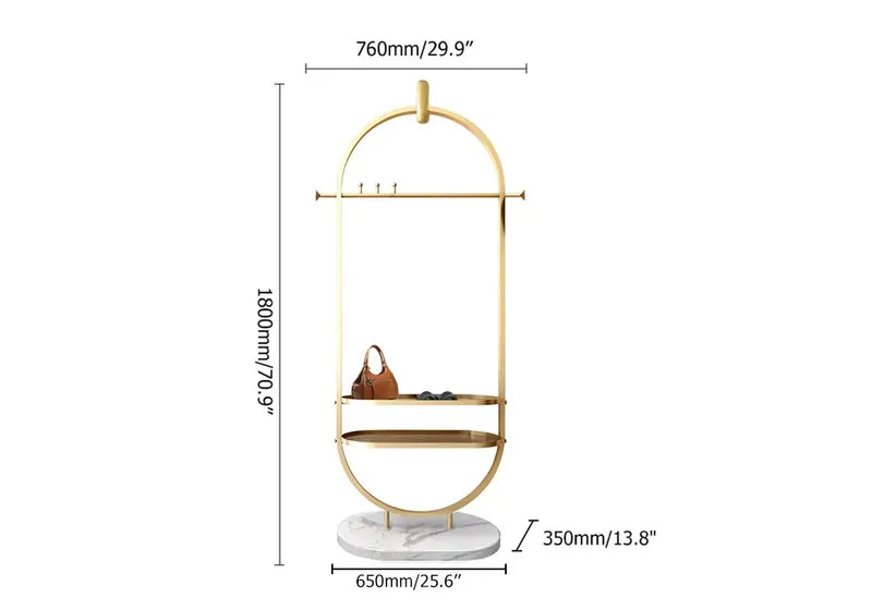 Gold Clothing Rack Oval Garment Rack with 2-Tier Shelves & Faux Marble Base