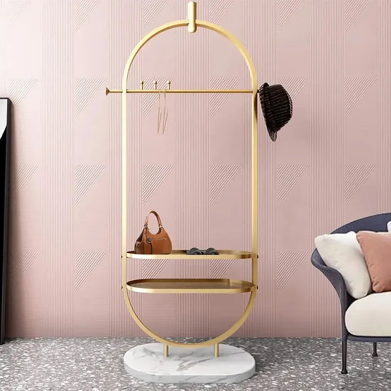Gold Clothing Rack Oval Garment Rack with 2-Tier Shelves Faux Marble Base