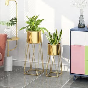 Gold Plant Pots Modern Planter with Gold Stand for Indoor (Set of 2)