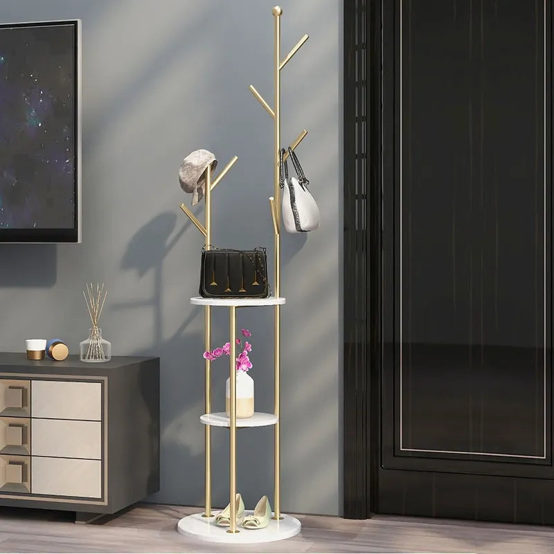 Gold Standing Coat Rack with 9 Hooks and 2 Shelves Modern Entryway Clothing Rack
