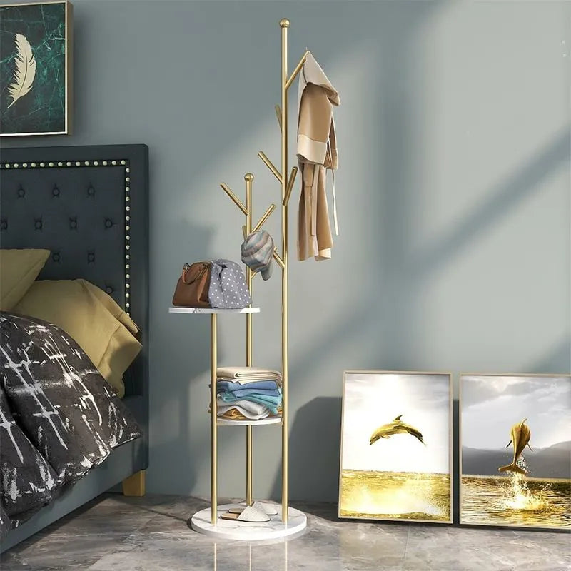 Gold Standing Coat Rack with Hooks and Shelves Modern Entryway Clothing Rack