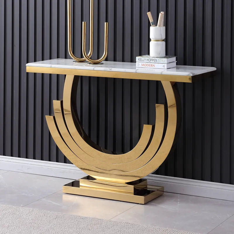 Gold & White Marble Console Table Narrow Rectangular Entryway Table