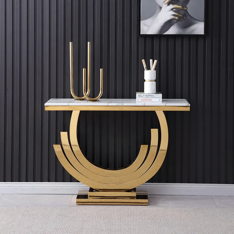 Gold & White Marble Console Table Narrow Rectangular Entryway Table