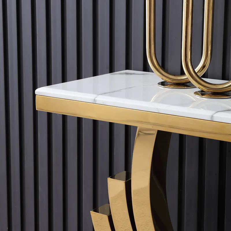 Gold & White Marble Console Table Narrow Rectangular Entryway Table