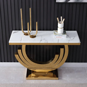 Gold & White Marble Console Table Narrow Rectangular Entryway Table