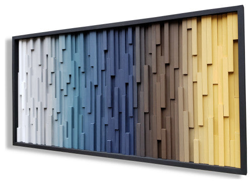 Blue, Gray, Brown and Golden Yellow Plank Wood Mosaic Wall Decor