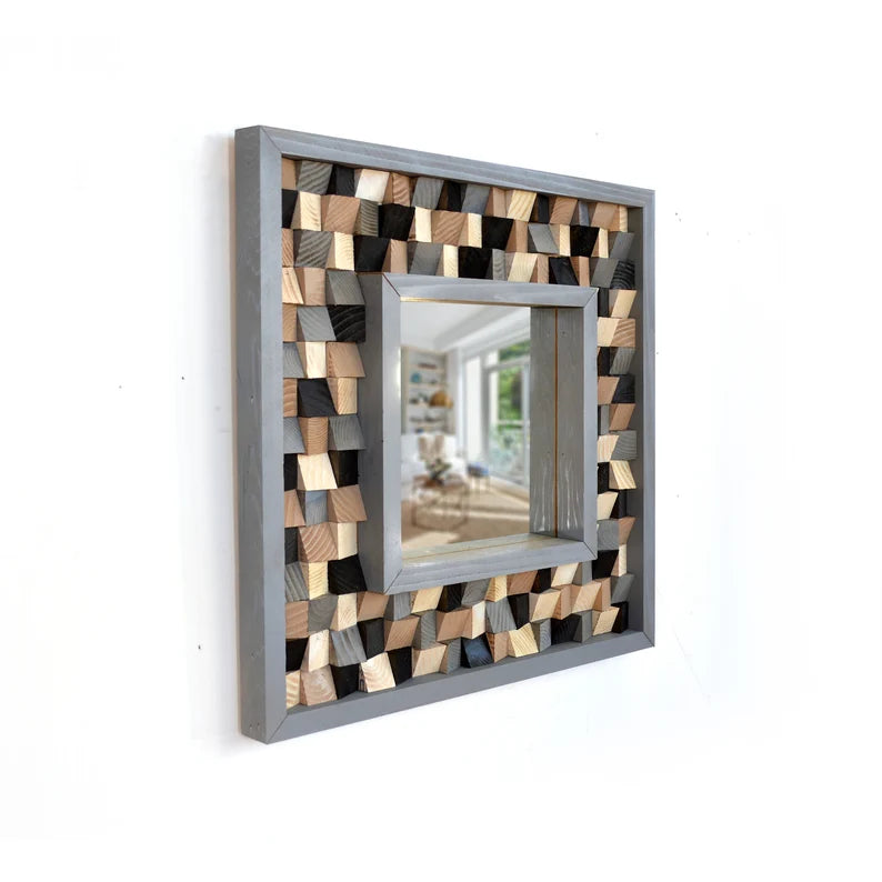 Gray, Black and Beige Reclaimed Wood Mirror Mosaic Wall Decor