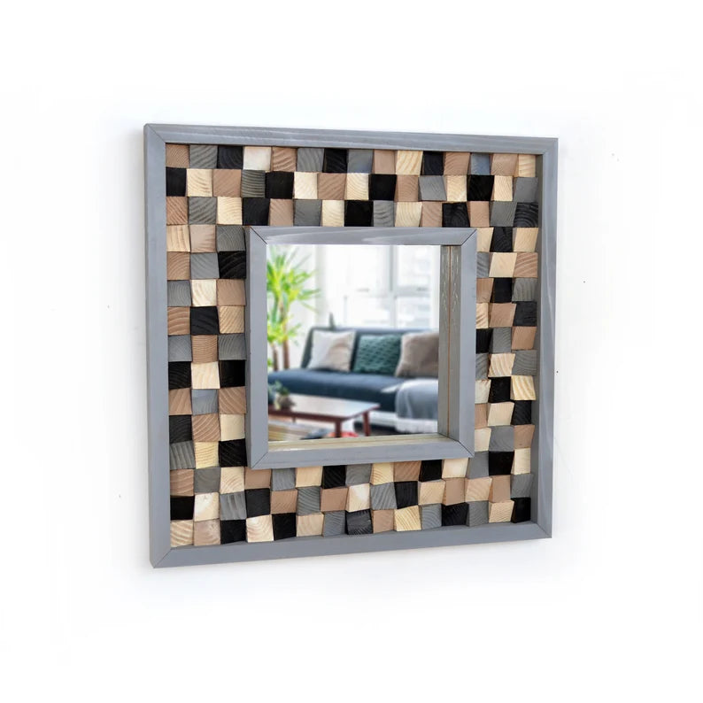 Gray, Black and Beige Reclaimed Wood Mirror Mosaic Wall Decor