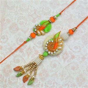 Green Orange Pearl Rakhi Lumba Bhaiya Bhabhi Set