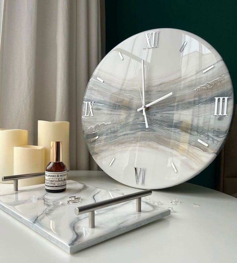 Grey and White Epoxy Resin Wall Clock