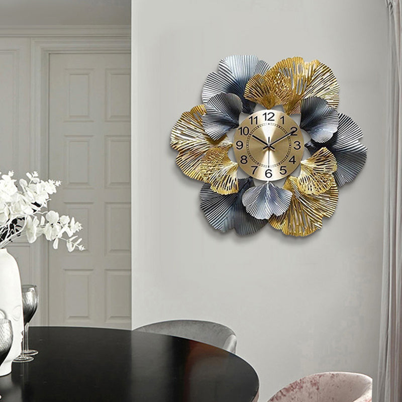 Modern Grey And Gold Floral Metal Wall Clock