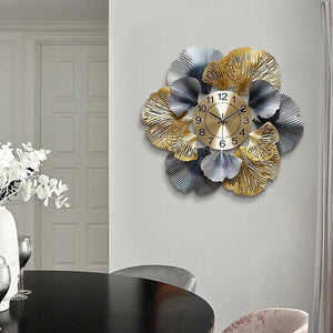 Modern Grey And Gold Floral Metal Wall Clock